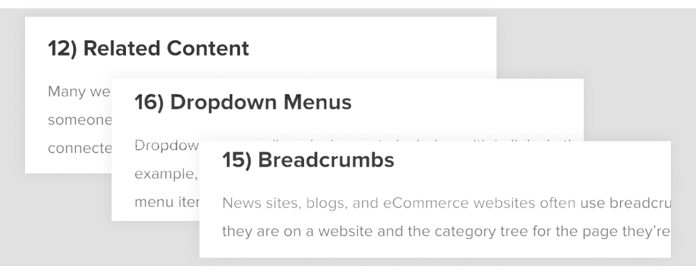 related content, dropdown menus, and breadcrumbs in a list ranking