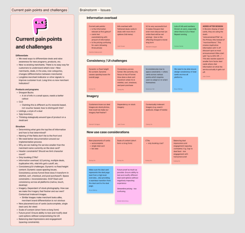 sticky notes of pain points leading to brainstorming issues