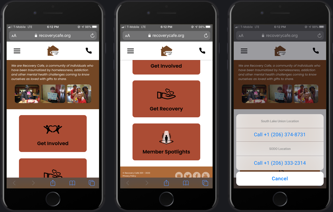 Three Mobile Website Screens for the Cafe